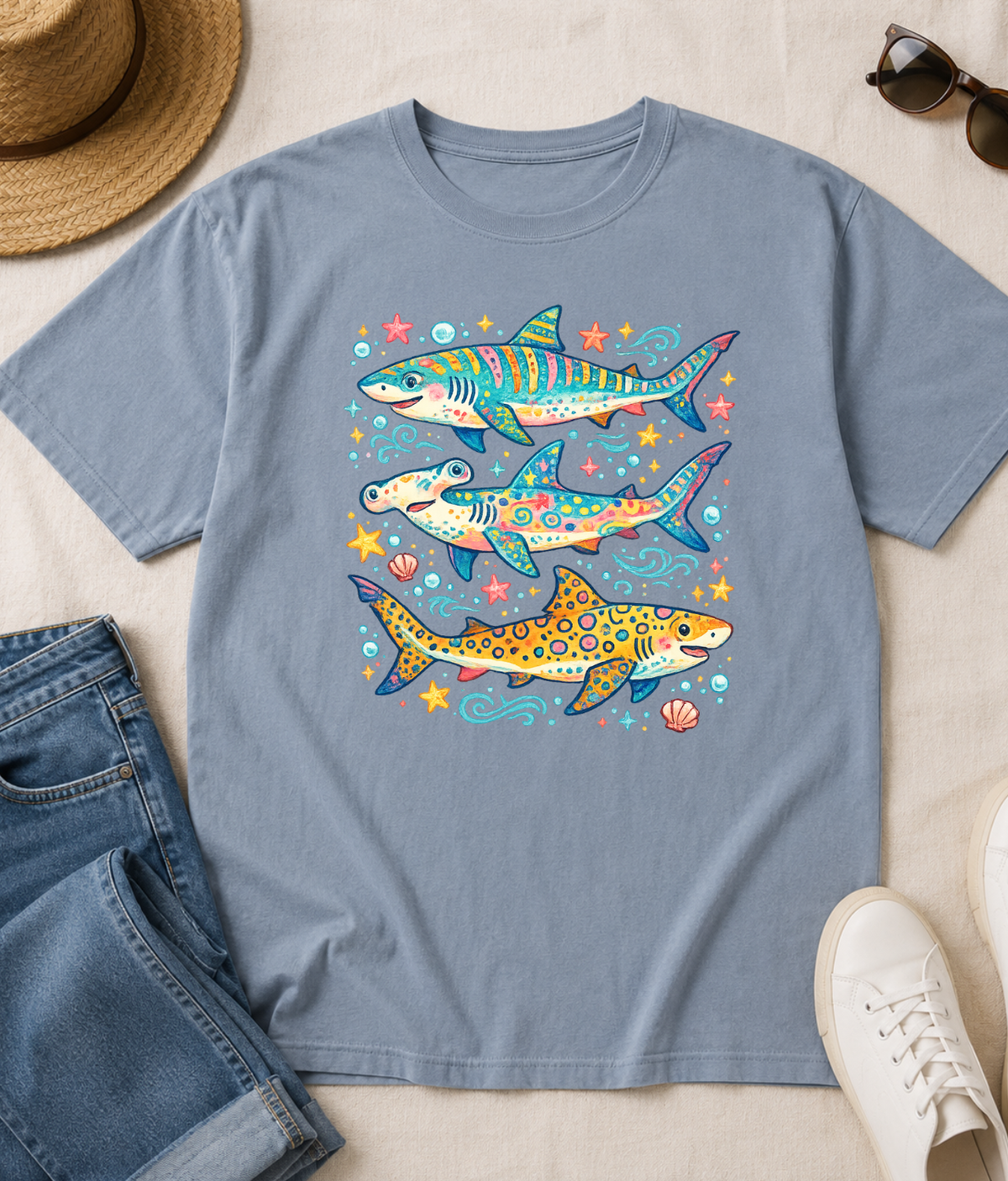 Colorful Sharks Graphic T-Shirt