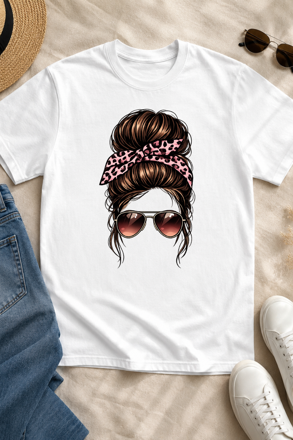 Pink Leopard Messy Bun T-Shirt