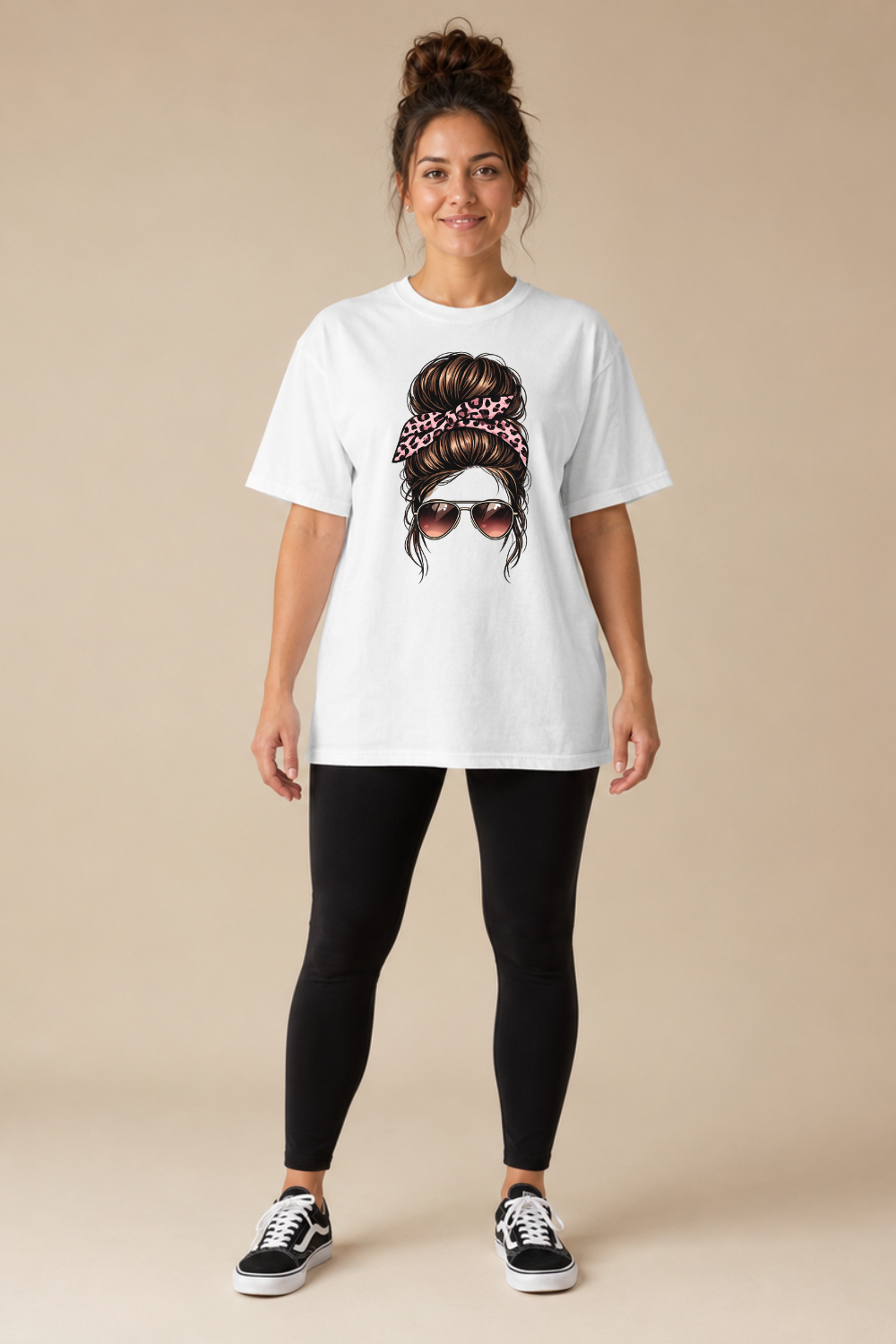 Pink Leopard Messy Bun T-Shirt