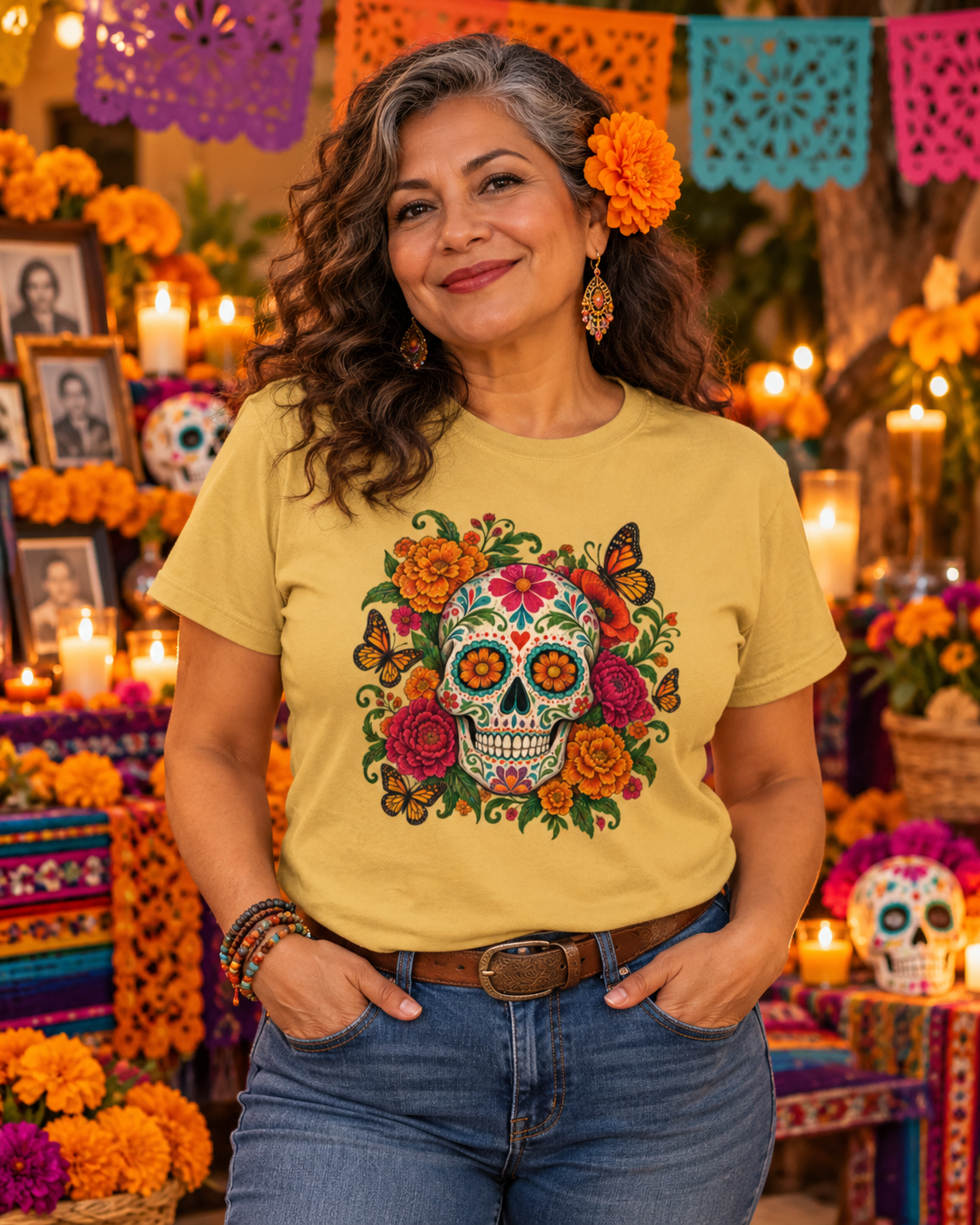 Marigold Magic Sugar Skull & Butterflies T-Shirt