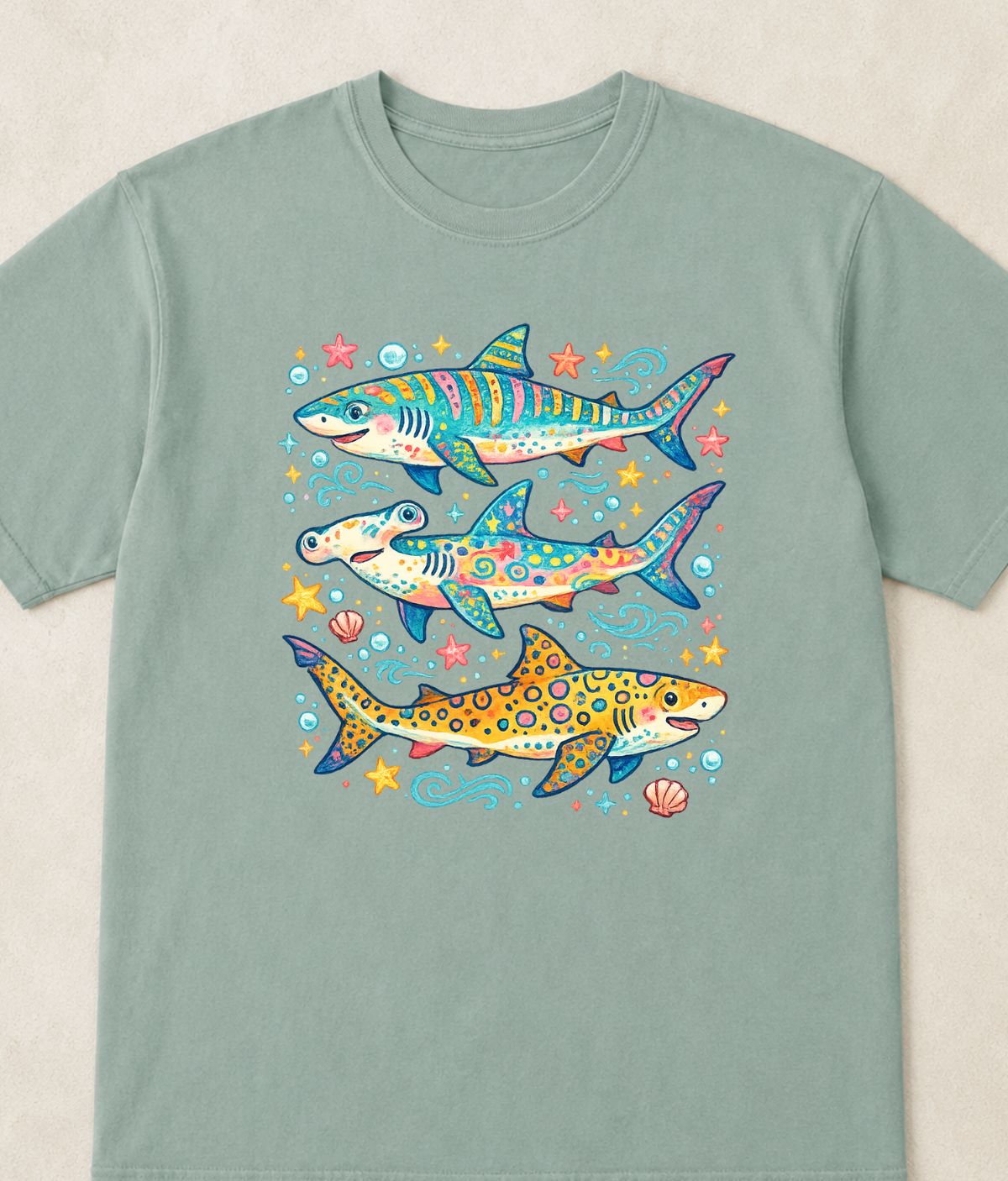 Colorful Sharks Graphic T-Shirt